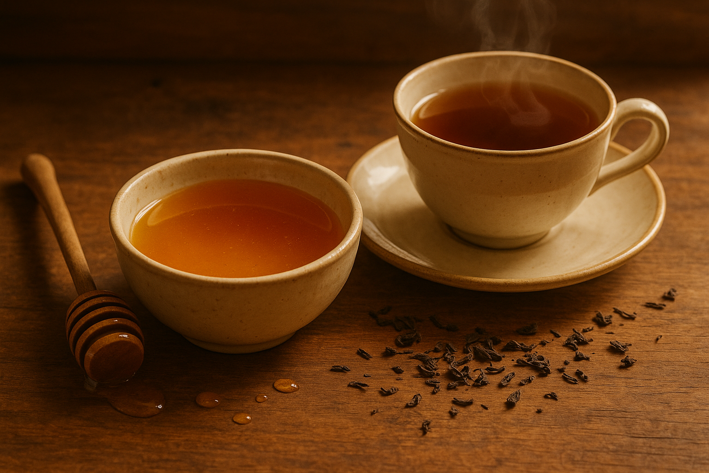 honey in a bowl and warm tea